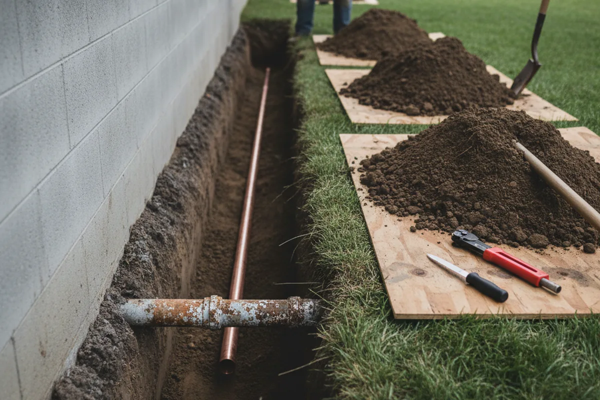 Excavated water line trench during Water Heater Repair in Milledgeville